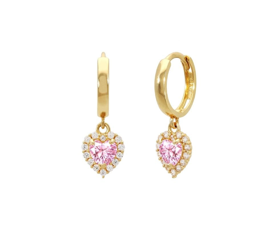 14k gold hoop with floating heart with CZ