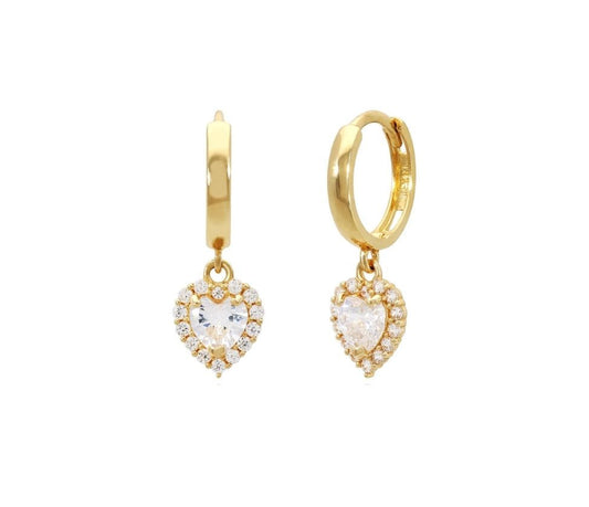 14k gold hoop with floating heart with CZ