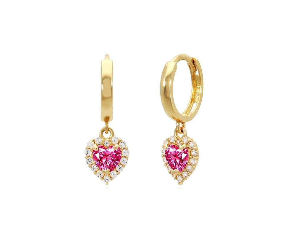 14k gold hoop with floating heart with CZ