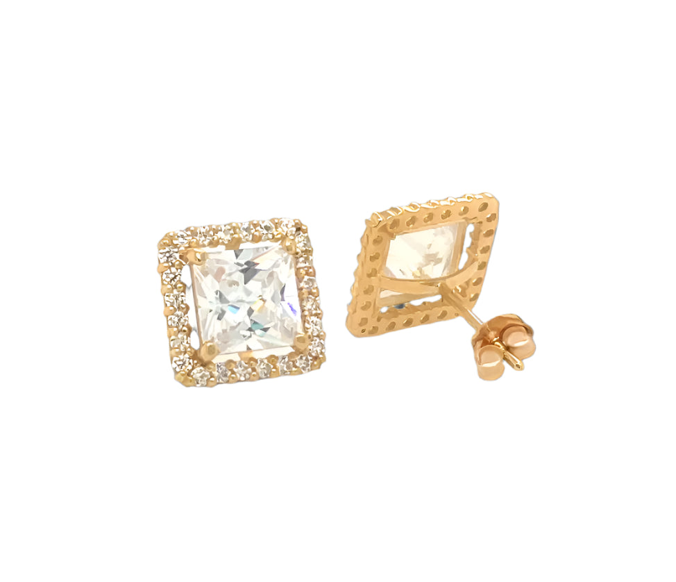14k gold push back earrings with clear stone in the middle and on the border